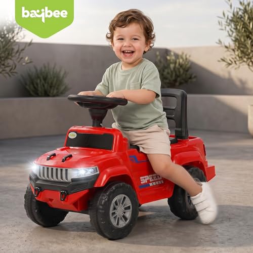 Image of Baybee Speedy Baby Ride on Car for Kids | Portable Kids Car with LED Lights, Music & Storage Basket | Push Toy Cars with High Backrest | Toddler Rideons Jeep for 1 to 3 Years Boys Girls (Red)