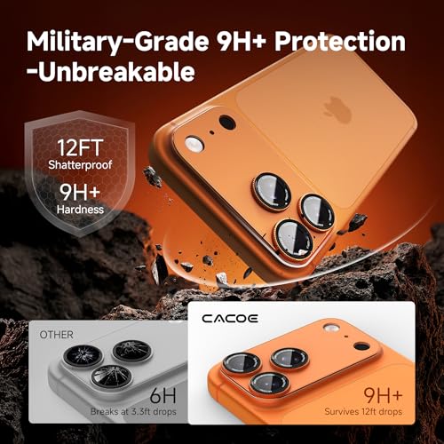 Image of CACOE Metal Camera Lens Protector for iPhone 17 Pro Max, 9H Tempered Glass with Aluminum Frame, HD Clarity & Scratch-Resistant Camera Screen Protector Cover Accessories(Orange)