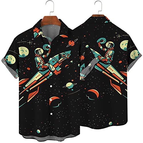 Men's Retro Button Down Shirts 50S Rockabilly Style Full Printed Summer Tops Hawaiian Beach Funky Shirts (Black,3X-Large) #TOP1