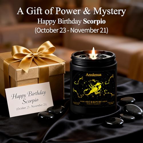 Image of Scorpio Zodiac Candles with Black Obsidian Crystals, Smoky Vanilla | Astrology Scorpio Birthday Gifts for Women Men, Black Gift Box, 7 oz Soy Candle, 50 Hour Burn Time, Black Jar