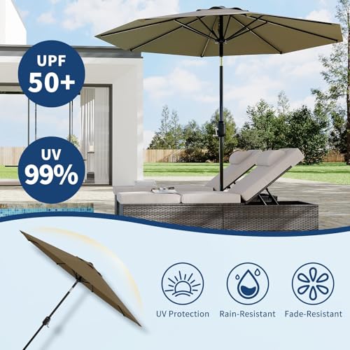 9Ft Patio Umbrella - 8 Sturdy Ribs Outdoor Table Umbrella with Crank Lift & Push Button Tilt - Market Umbrella for Pool, Deck, Yard, Garden - Taupe