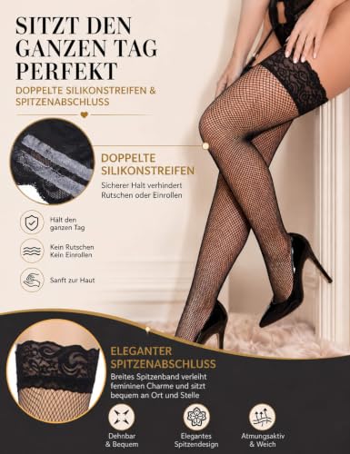 ohyeahlady Halterlose Strümpfe für Damen xxl Sexy Spizten Fischnetz Stockings Große Größen Strapsstrümpfe für Strumpfhalter Lange Overknee Strümpfe Oberschenkel Transparent Hold Up(Schwarz,L-XXL)