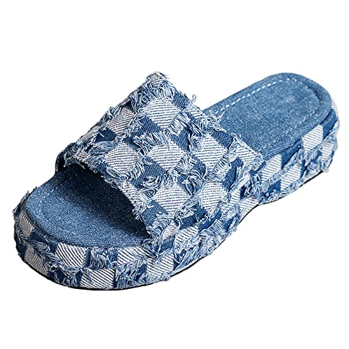 Women's Denim Cloth Heckered Pattern Platform Slides Vintage Thread Edge Open Toe Slip On Comfortable and Non-Slip Slide Boho Sandals