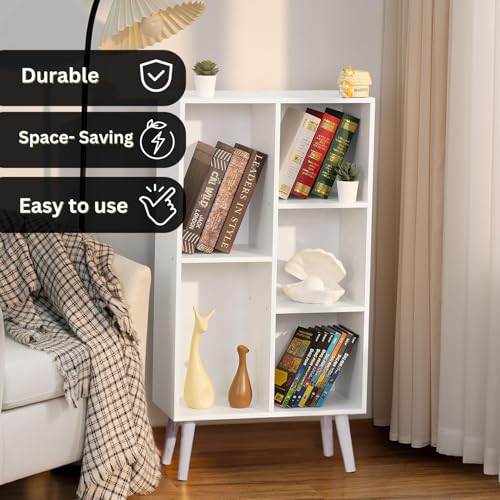 Image of Callas Wooden Book Shelf with 5 Open Storage Compartments | Engineered Wood Display Rack with Legs | Modern Book Organizer for Kids Room Study Office Living Room (White)