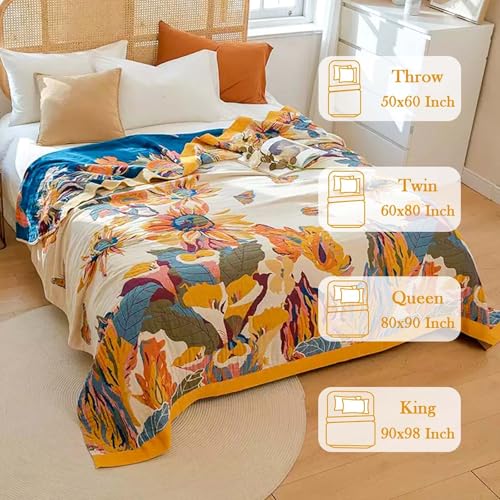 Boho Throw Blanket, 100% Cotton Ultra Soft Luxury Throw Rustic Quilt, 50"x60" Floral Bird Butterfly Farmhouse Decor Bed Blankets, All Season Rustic Reversible Bohemian Throw for Bed - Yellow - Image 4