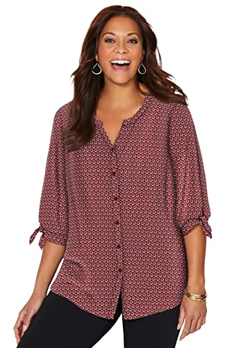 Catherines Women's Plus Size Georgette Button Down Tie Sleeve Cafe Blouse