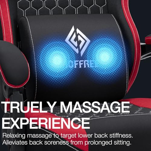 HOFFREE Gaming Chair Computer Chair Fabric with Pocket Spring Cushion Massage Game Chair with Footrest Ergonomic Gamer Chair with Lumbar Support Reclining Gaming Chairs for Adults Red and Black の商品画像 3
