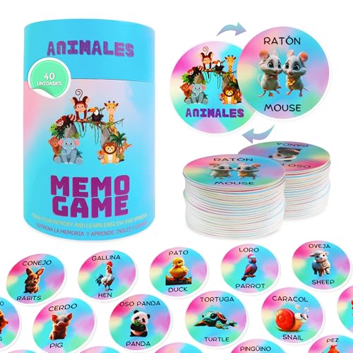 Juego Memory Bilingüe para Niños | 40 Piezas - Animales en Inglés y Español | Juego de Mesa Educativo para Niños de 4, 5, 6 Años | Desarrolla Memoria y Habilidades Cognitivas (Azul)