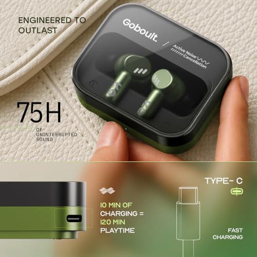 Image of GOBOULT Tenet Pro with ANC TWS Earbuds, 75H Playtime, Amp App Support, 32dB ANC, Quad Mic ENC, Dual Device Pairing, 13mm Driver Ear Buds, Bluetooth 6.0 Wireless Earbuds (Olive Green)