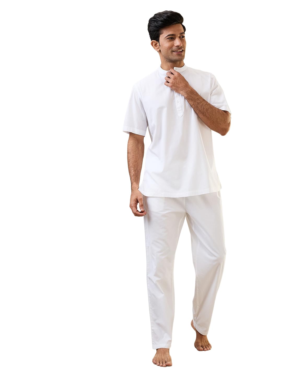 SleepZ Men Comfort Fit Solid Pattern Pure Cotton Mandrin Collar Kurta Set-image-8