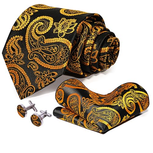Image of 5PCS Tie and Pocket Square for Men, Silk Necktie and Handkerchief Cufflinks with Gold Ring and Lapel Pin Set