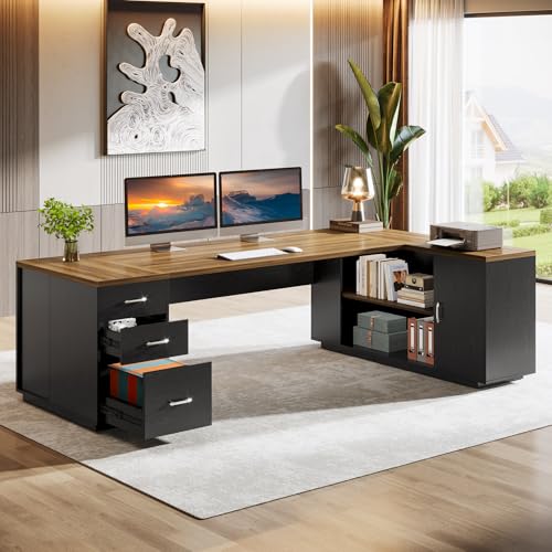 Image of Tribesigns 85.8-Inch L-Shaped Executive Office Desk with File Drawers & Storage Cabinet, Professional Corner Computer Desk Extra Large Business Workstation with Adjustable Shelves (Brown&Black)