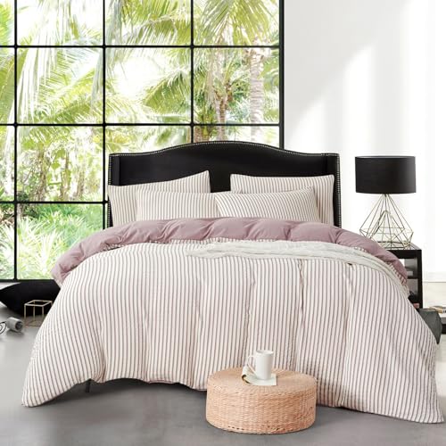 Image of Grayish Purple Striped Comforter Set Queen - 3 Pieces Bedding Comforter Set for All Season, Soft Lightweight Washed Microfiber, 1 Striped Comforter and 2 Pillowcases (Purple, Queen Size)