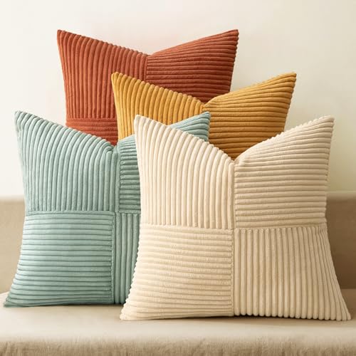 MIULEE Fall Teal Orange Decorative Throw Pillow Covers 18x18 Inch Set of 4 Boho Corduroy Striped Cushion Cases Modern Farmhouse Patchwork Pillow Cases for Couch Sofa Bedroom Home Decor