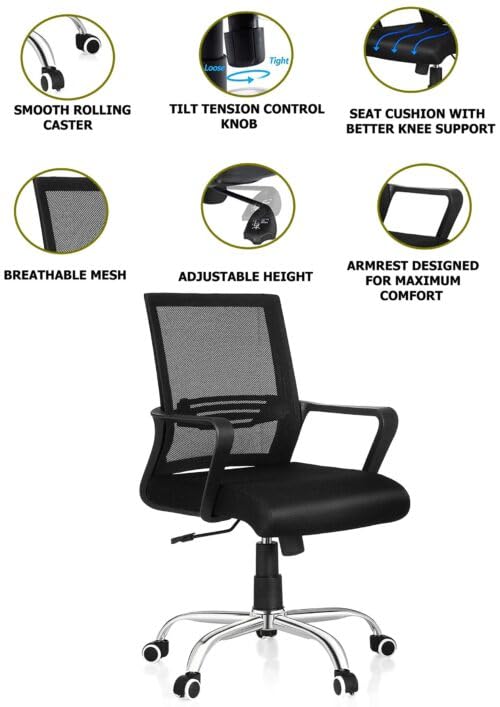 SmileSellers Chorus Ergonomic Mid-Back Mesh Office Chair with Adjustable Tilt, Cushioned Seat & Heavy-Duty 360° Swivel Base | Breathable Nylon Frame | Ideal for Work from Home, Study, and Office Use