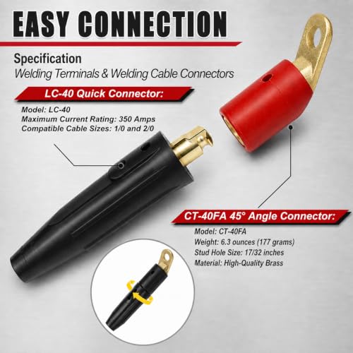 Image of CT-40FA Welding Terminals & LC-40 Male Cable Connectors 2Set, Red & Black | Welding Leads Quick Connector and Terminal for Welding Machine Accessories, 1 /0 and 2 /0(50-70mm) Cable Size Capacity