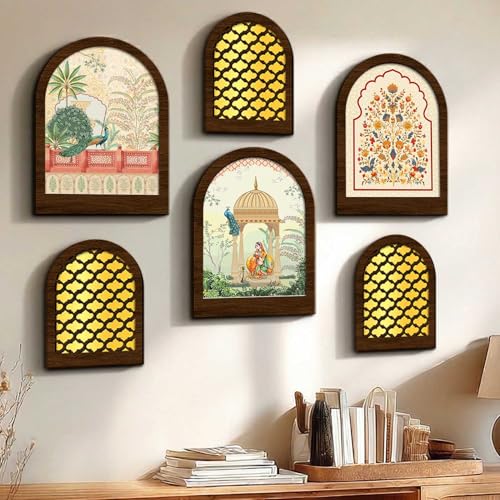Image of MDF Jharokha Wall Mirror for Home Decor | Traditional Decorative Wall Hanging Jharokha Mirror | Premium Mirrors for Living Room Bedroom Set of 6 (9x12 inch & 7.5x9.5 inch)