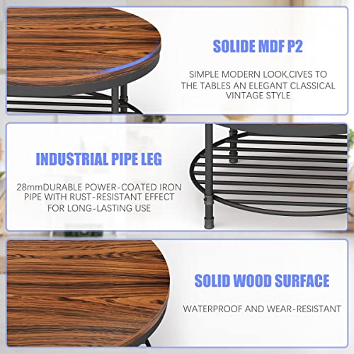 Image of Round Coffee Table, Rustic Wood Surface Top & Sturdy Metal Legs Industrial Sofa Table for Living Room Natural End Table Modern Design Home Furniture with Storage Open Shelf(Dark Red Brown)