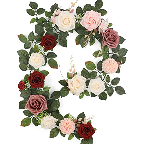 Garisey 5FT Artificial Rose Flower Burgundy Fake Floral Garland for Wedding Ceremony Backdrop Arch Flowers Table Centerpieces Decorations