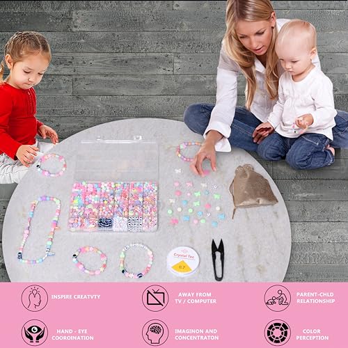 Image of ambitieux DIY Bracelet Making Kit - 800 + pcs 24 Colorful Beads, 10m Elastic Thread, Jute Bag, and Cutter - Gift for Girls Birthdays (Multicolor Mix 1)
