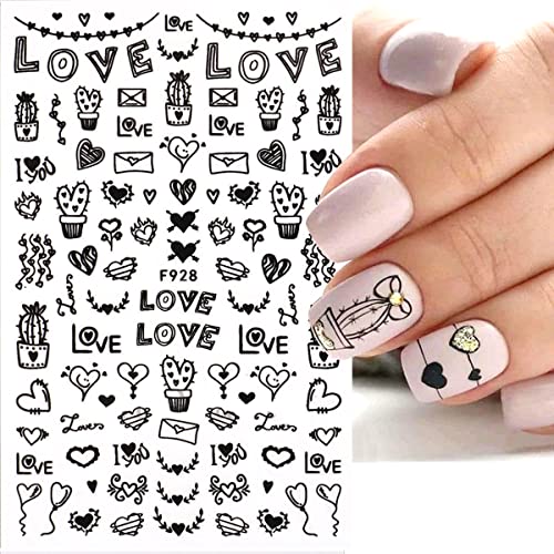 Valentines Nail Stickers Black Heart Nail Art Sticker Decal Black Heart Love Sample Shape Nail Design For Women Valentines Nail Art Supplies Diy Decoration 4Sheets #TOP1