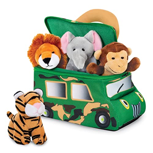 jungle animals talking plush baby toy – 5 piece small stuffed animals set including safari truck carrier and stuffed monkey, lion, tiger & elephant – these mini toys are ideal for boys and girls