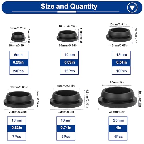 Image of Tnisesm 65PCS 6 Sizes Black Rubber Plugs for Round Holes Silicone Plugs, 1 inch 3 /4 inch 5 /8 inch 1 /2 inch 3 /8 inch 1 /4 inch Round Hole Plug Snap Locking, Used for Furniture