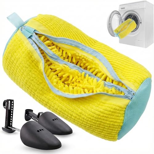 Shoe Washing Machine Bag, 2-in-1 Double Pockets, Reusable Large Double Zipper, Protects Shoes and Washer, 360° Clean Fits Sneakers and Tennis Shoes, With Shoe Trees and 2 Drying Racks