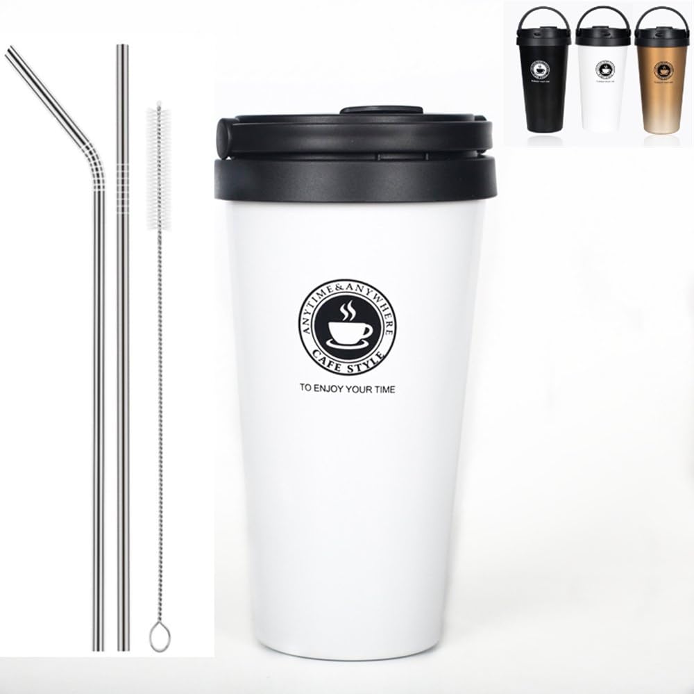 Stainless Steel Insulated Tumbler with Lid and Straws Double Wall Vacuum Cup Coffee Travel Mug for Hot and Cold Drink,17 Oz (white)