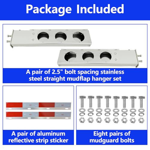 Image of Stainless Steel Mud Flap Hanger Set 2-1 /2 inch Bolt Spacing 30 inch Length Rear Bar with Light Cutouts for Semi Trucks, 2.5 inch Bolt Spring Loaded with Aluminum Reflective Tapes (Circle Light Cutouts)