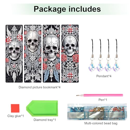 Image of 4 Pcs DIY 5D Diamond Painting Bookmark Kit - Special Shaped Crystal Rhinestones, Rose Skull Diamond Art Bookmarks with Crystal Pendant Tassels, Handmade Decorative Bookmarks Gift Set for Book Lovers