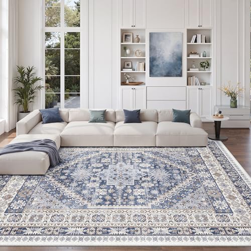 zesthome 8x10 Area Rugs for Living Room,Non-Slip Backing Washable Rugs,Vintage Large Area Rug,Stain Resistant Home Decor Rug (Blue/Beige,8'x10')