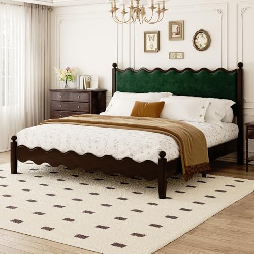 Wood Bed Frame King with Vintage Wave Headboard, 48' Tall Velvet Upholstered Bed Frame, Mattress Foundation, Easy Assembly, No Box Spring Needed, Green