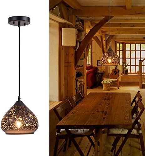 Industrial Mini Pierced Pendant Light in Handmade Lacquer Finish with Black Metal Shape, Adjustable Edsion Hollow Pendant Lighting Fixture for Restaurant, Bar, Kitchen Island, Foyer, Loft
