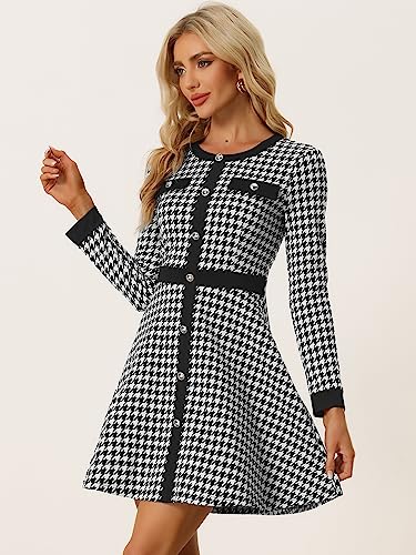Allegra K Women's Houndstooth Plaid Contrast Color Crew Neck Button Front Elegant A-Line Dress3