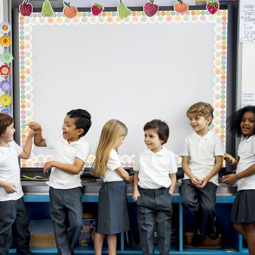 Image of Whaline 32.8 Ft Preppy Pastel Smile Face Bulletin Board Borders Colorful Firework Poms Scalloped Die-Cut Rolled Border Trim for Back to School Classroom Office Chalkboard Decoration