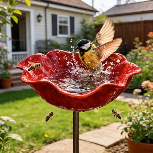 Pilxerai Handmade Metal Flower Garden Stake Metal Flower Garden Stake Bird Bath Bee Butterfly Water Feeder with Flower Design for Garden Lawn Yard Decor (1PCS)