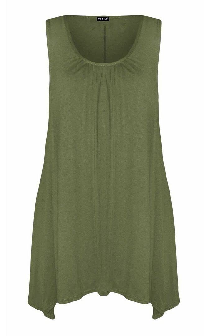 KATSSI Women’s Ladies Hanky Hem Swing Top Plain Round Scoop Neck T Shirt Top Khaki