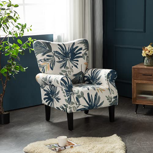 YOLENY Modern Accent Chair,High Back Armchair,Upholstered Fabric Button Single Sofa with Wooden Legs for Living Room,Bedroom,Blue Leaves - Image 7