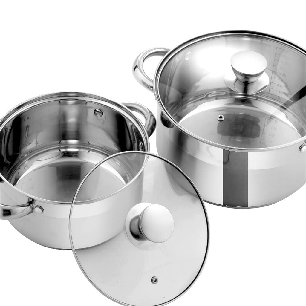 Kochtopf, Kochgeschirr-Set Edelstahl 7-teilig Küche Kochtopf & Pfanne Set, Stielkasserolle, Schmortopf, Dampfgarer, Bratpfanne mit Glasdeckel