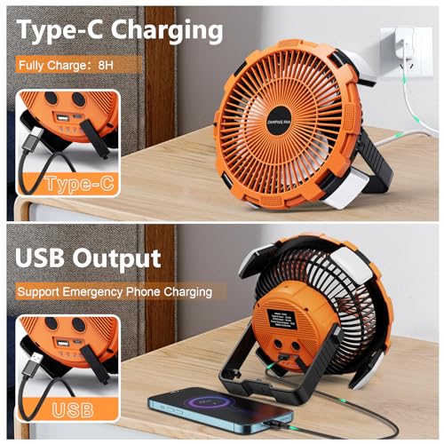 Camping-Fan-with-LED-Lantern-8000mAh-Rechargeable-Battery-Powered-Camping-Fan-with-Remote-Hook4-SpeedsUSB-C-Charging-Outdoor-Tent-Fans-for-HomeTravelBBQFishingSleepEmergency-Orange