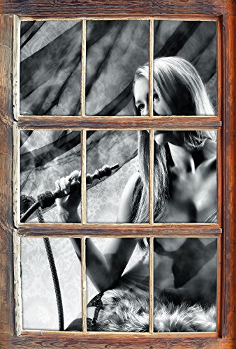 Stil.Zeit Monocrome, Schöne Frau mit Shisha Fenster im 3D-Look, Wand- oder Türaufkleber Format: 92x62cm, Wandsticker…
