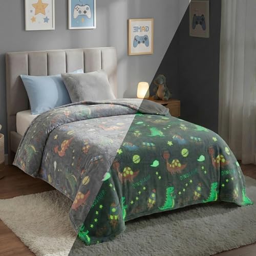 Image of BSB HOME Glow in The Dark Kids Blanket, Soft Flannel Fleece Luminous Blanket for Boys & Girls, Cozy Lightweight Kids Throw for Bed - 42 x 60 in (107 x 152 cm) (Dinosaur & Space Theme - Charcoal Grey)