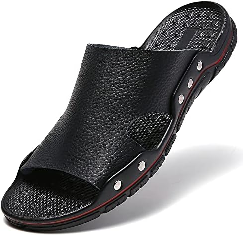 JINDELI Men's Summer Black Sandals Leather Slide Sandals Open Toe Beach Slippers Shoes Comfort Slip On Shoes Size 9.5