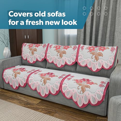 Image of Kuber Industries (Set of 10) Stylish & Durable Cotton Sofa Covers 5 Seater | Washable Sofa Protector /Mat & Slipcover for Hall, Living Room & Office | Painting Design-White & Pink