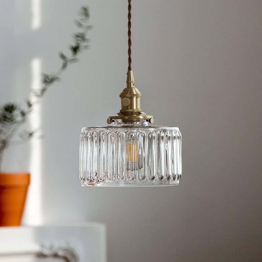 Nordic Retro Brass Glass Pendant Light Single Head Hanging Lamp for Bathroom Kitchen Island Modern Chandelier with Glass Lampshade