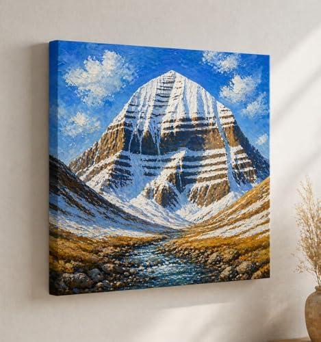 Image of Kunj Cart Mount Kailash Painting | 10+ DESIGNS | Kailash Parvat Canvas Painting for Living Room, Temple Home & Office Wall Decoration (Blue Sky Kailash Mountain, 24x24 Inch, Framed)