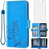 Asuwish Compatible with Nokia 6 2017 Wallet Case and Tempered Glass Screen Protector Flip Purse Accessories Wrist Strap Credit Card Holder Cell Phone Cover for Nokia6 TA-1025 5.5 inch Women Men Blue
