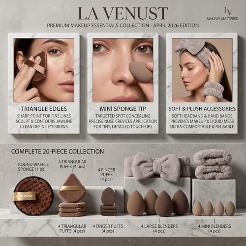 Image of 20pc Essential Makeup Sponge Kit Set - Soft-Touch Makeup Sponges for Cream & Liquid - Aesthetic Bow Spa Set & Wristbands - Under-Eye Precision Puffs & Blender Cleaner - Complete Beauty Organizer Kit for Girls & Women (Coffee Edition)