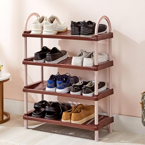Image of Amazon Basics Multipurpose Plastic Shoe Rack | Durable, Space-Saving & Easy to Assemble Organizer | Brown (Large, 65.7 cm x 27.5 cm x 83 cm)